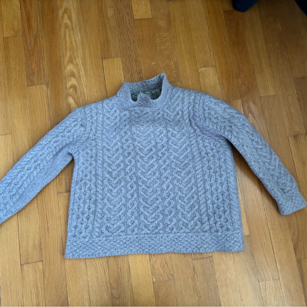 Aran Crafts Light Gray Cable Knit Turtleneck Sweater